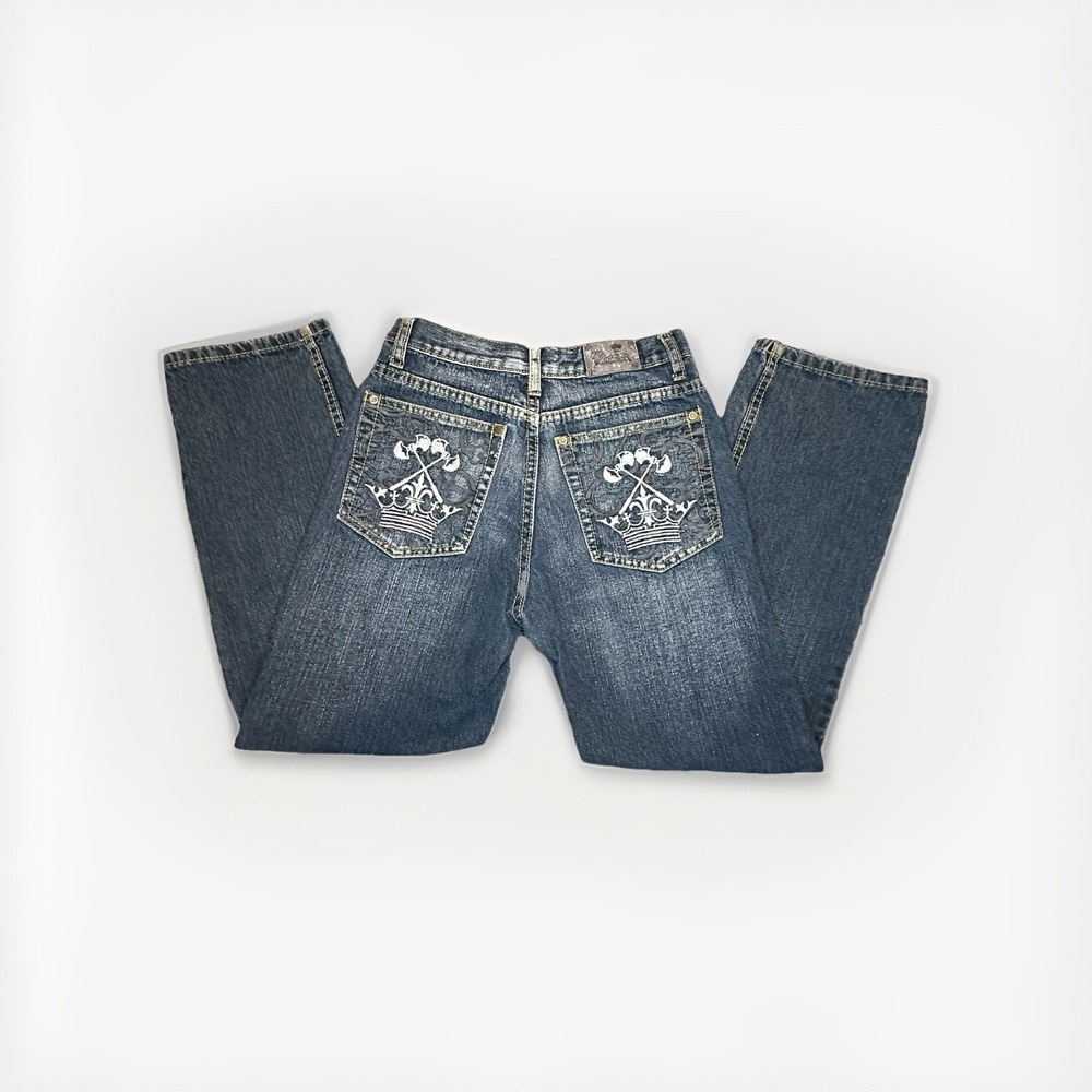 Heir Boys Jeans Sz 12 Youth Blue Denim Crown Cross Embroidered Pockets